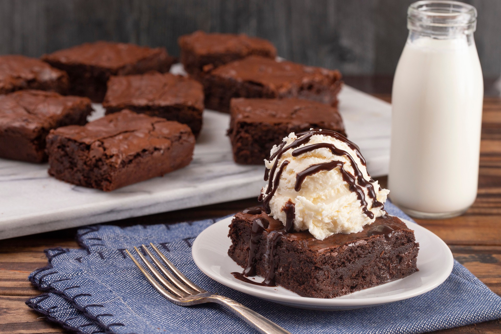 Homemade Double Chocolate Brownies Sundae with Vanilla Ice Cream on Top